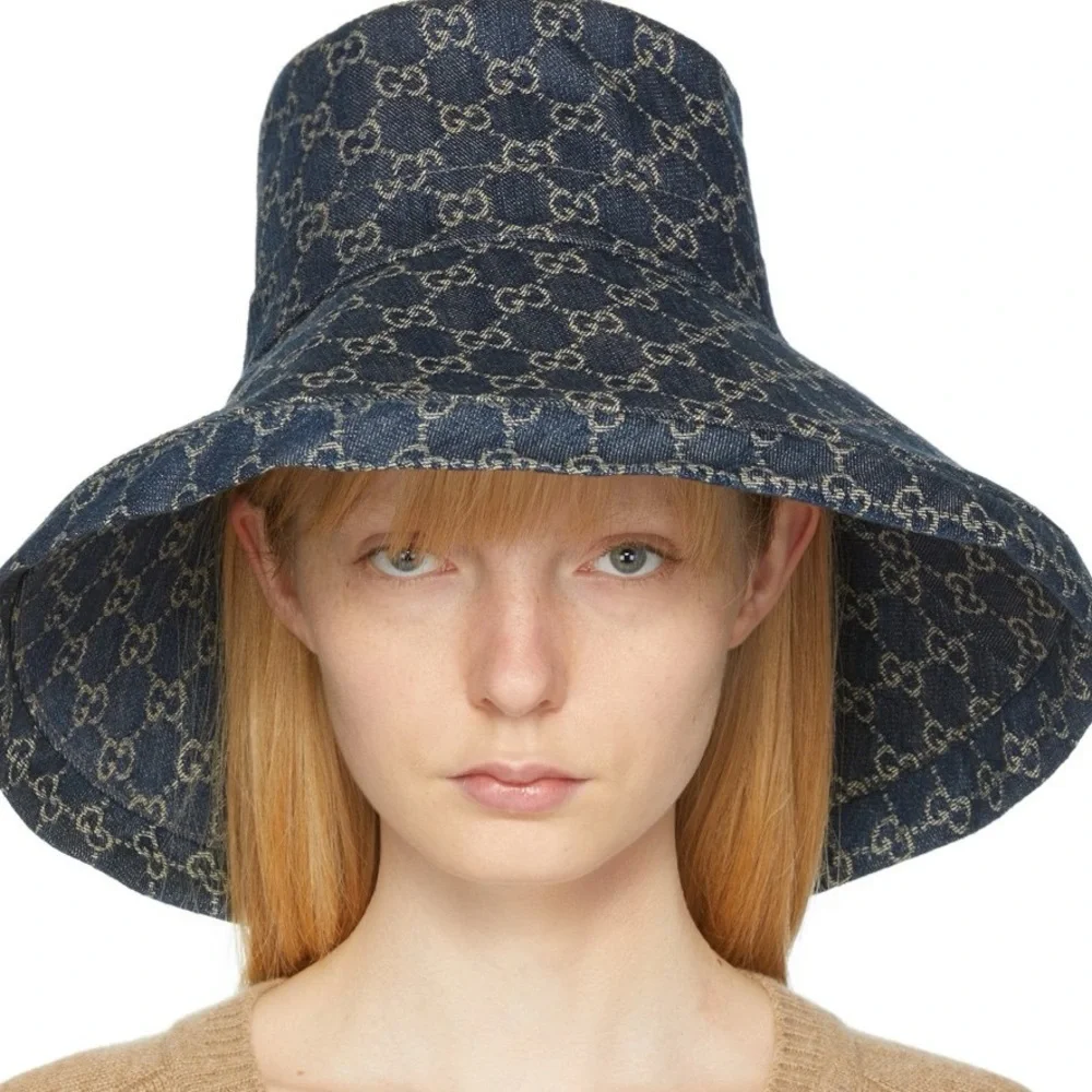 Gucci GG Denim Monogram Bucket Hat Wide Large Brim Navy Blue Sun Coverage - Picture 1 of 15
